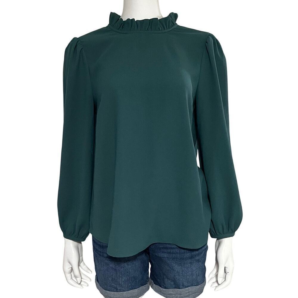 J. Crew Green Ruffle Neck Long Sleeve Blouse XL - Picture 3 of 11